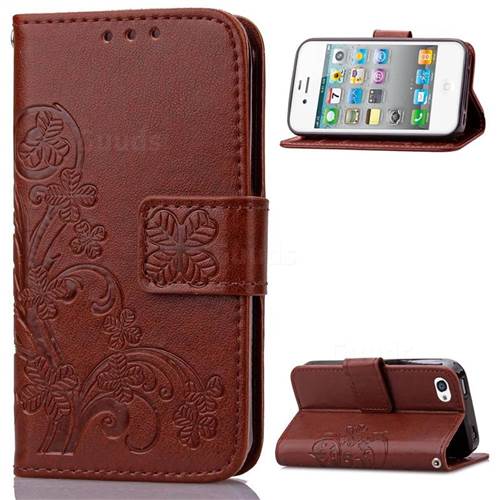 Embossing Imprint Four-Leaf Clover Leather Wallet Case for iPhone 4s 4 - Brown