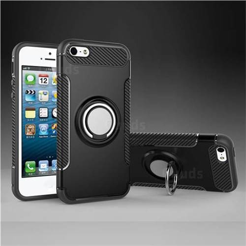 Armor Anti Drop Carbon PC + Silicon Invisible Ring Holder Phone Case for iPhone SE 5s 5 - Black