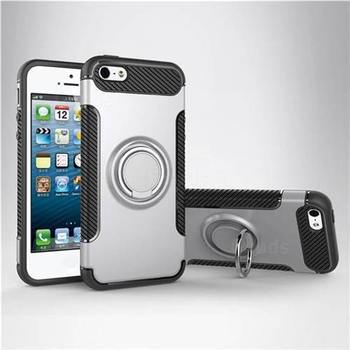 Armor Anti Drop Carbon PC + Silicon Invisible Ring Holder Phone Case for iPhone SE 5s 5 - Silver