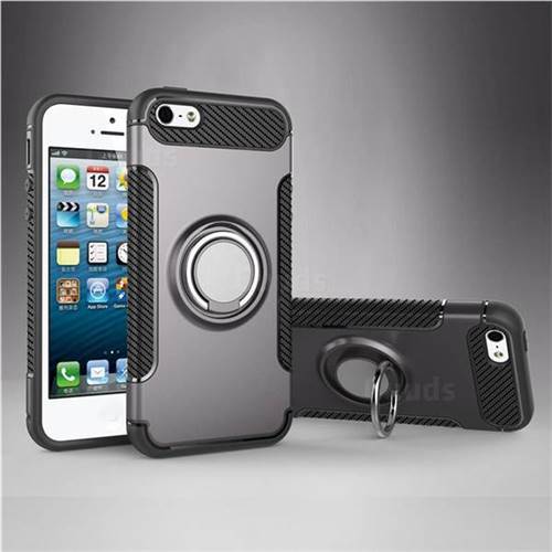 Armor Anti Drop Carbon PC + Silicon Invisible Ring Holder Phone Case for iPhone SE 5s 5 - Grey
