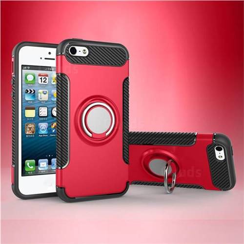 Armor Anti Drop Carbon PC + Silicon Invisible Ring Holder Phone Case for iPhone SE 5s 5 - Red