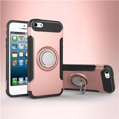 Armor Anti Drop Carbon PC + Silicon Invisible Ring Holder Phone Case for iPhone SE 5s 5 - Rose Gold