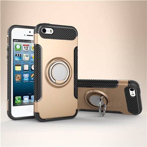 Armor Anti Drop Carbon PC + Silicon Invisible Ring Holder Phone Case for iPhone SE 5s 5 - Champagne