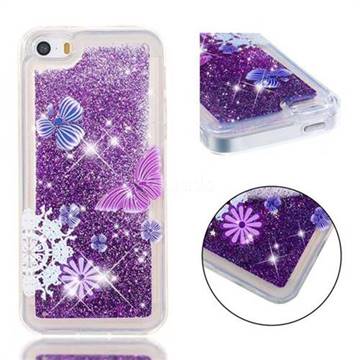 Purple Flower Butterfly Dynamic Liquid Glitter Quicksand Soft TPU Case for iPhone SE 5s 5