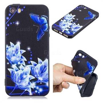 Blue Butterfly 3D Embossed Relief Black TPU Cell Phone Back Cover for iPhone SE 5s 5