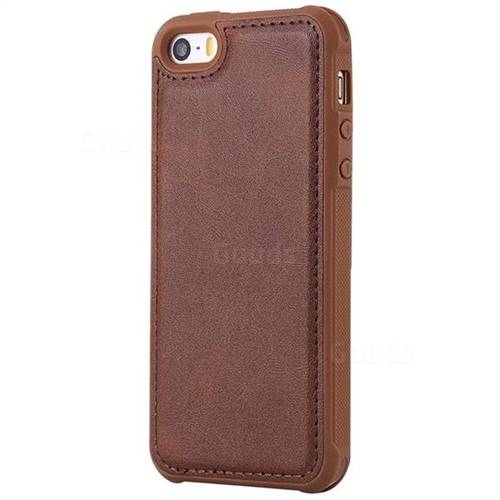 Luxury Shatter-resistant Leather Coated Phone Back Cover for iPhone SE 5s 5 - Coffee