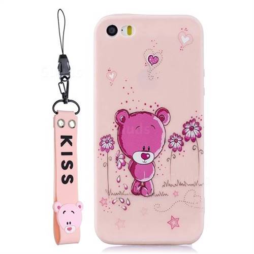 Pink Flower Bear Soft Kiss Candy Hand Strap Silicone Case for iPhone SE 5s 5
