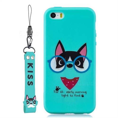 Green Glasses Dog Soft Kiss Candy Hand Strap Silicone Case for iPhone SE 5s 5