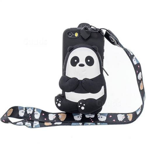 Cute Panda Neck Lanyard Zipper Wallet Silicone Case for iPhone SE 5s 5