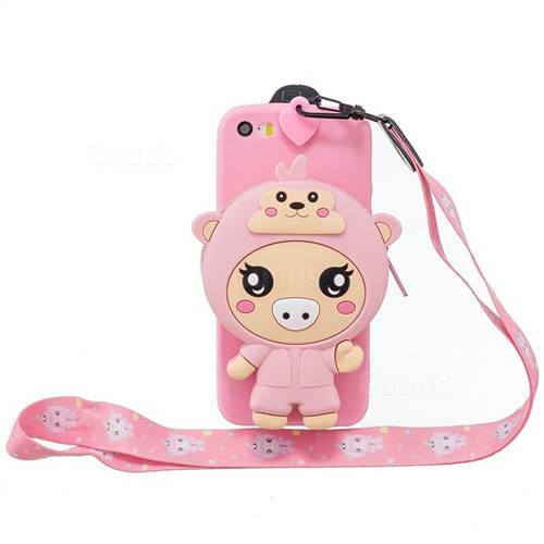 Pink Pig Neck Lanyard Zipper Wallet Silicone Case for iPhone SE 5s 5