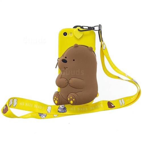 Yellow Bear Neck Lanyard Zipper Wallet Silicone Case for iPhone SE 5s 5