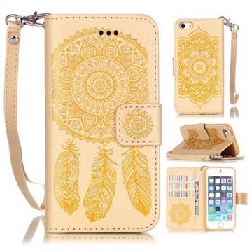 Embossing Campanula Flower Leather Wallet Case for iPhone SE 5s 5 - Golden