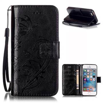 Embossing Butterfly Flower Leather Wallet Case for iPhone SE / iPhone 5s / iPhone 5 - Black