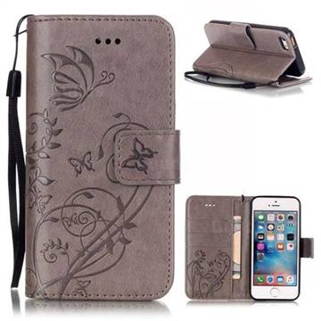 Embossing Butterfly Flower Leather Wallet Case for iPhone SE / iPhone 5s / iPhone 5 - Grey