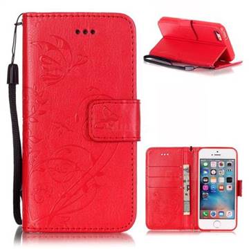 Embossing Butterfly Flower Leather Wallet Case for iPhone SE / iPhone 5s / iPhone 5 - Red