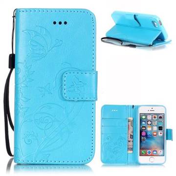 Embossing Butterfly Flower Leather Wallet Case for iPhone SE / iPhone 5s / iPhone 5 - Blue