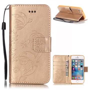 Embossing Butterfly Flower Leather Wallet Case for iPhone SE / iPhone 5s / iPhone 5 - Champagne