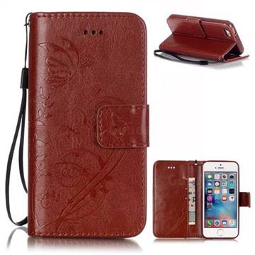 Embossing Butterfly Flower Leather Wallet Case for iPhone SE / iPhone 5s / iPhone 5 - Brown