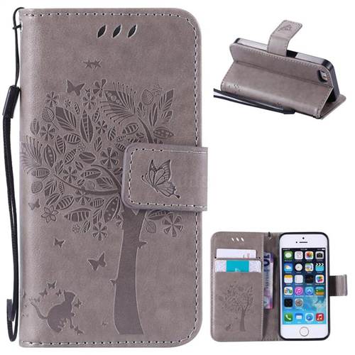 Embossing Butterfly Tree Leather Wallet Case for iPhone SE 5s 5 - Grey