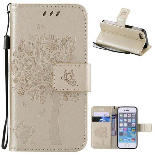 Embossing Butterfly Tree Leather Wallet Case for iPhone SE 5s 5 - Champagne