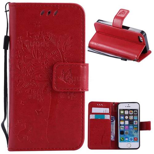 Embossing Butterfly Tree Leather Wallet Case for iPhone SE 5s 5 - Red
