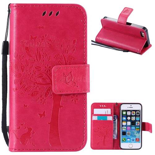 Embossing Butterfly Tree Leather Wallet Case for iPhone SE 5s 5 - Rose