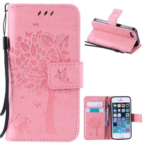 Embossing Butterfly Tree Leather Wallet Case for iPhone SE 5s 5 - Pink