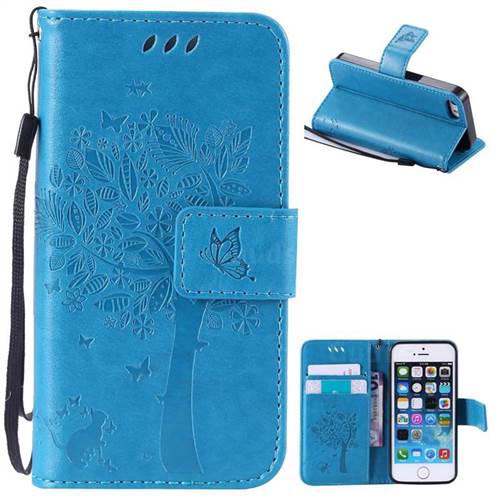 Embossing Butterfly Tree Leather Wallet Case for iPhone SE 5s 5 - Blue
