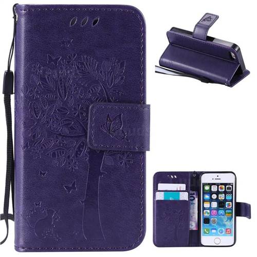 Embossing Butterfly Tree Leather Wallet Case for iPhone SE 5s 5 - Purple