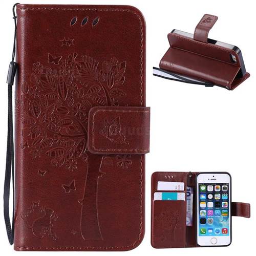 Embossing Butterfly Tree Leather Wallet Case for iPhone SE 5s 5 - Brown