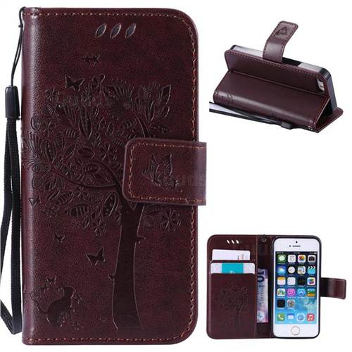 Embossing Butterfly Tree Leather Wallet Case for iPhone SE 5s 5 - Coffee