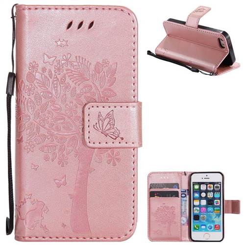 Embossing Butterfly Tree Leather Wallet Case for iPhone SE 5s 5 - Rose Pink