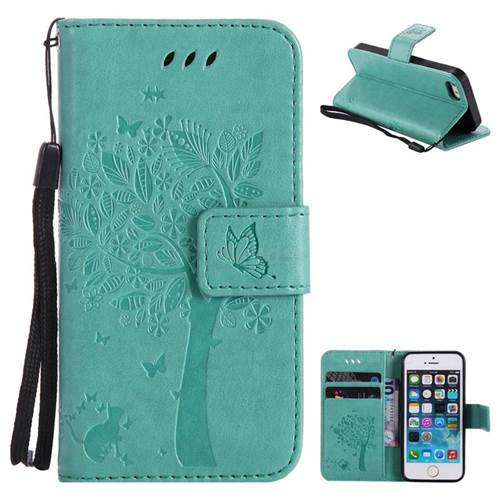 Embossing Butterfly Tree Leather Wallet Case for iPhone SE 5s 5 - Cyan