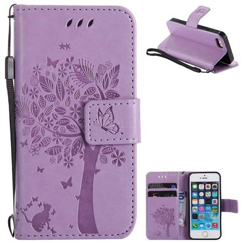 Embossing Butterfly Tree Leather Wallet Case for iPhone SE 5s 5 - Violet