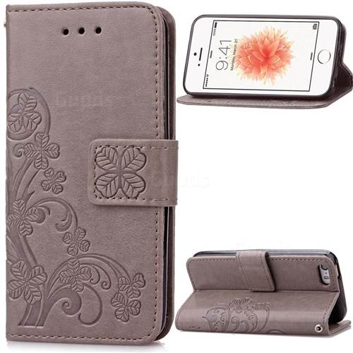Embossing Imprint Four-Leaf Clover Leather Wallet Case for iPhone SE 5s 5 - Gray