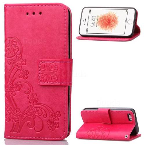 Embossing Imprint Four-Leaf Clover Leather Wallet Case for iPhone SE 5s 5 - Rose