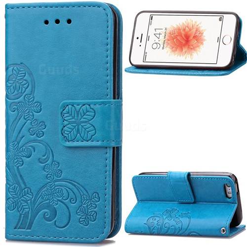 Embossing Imprint Four-Leaf Clover Leather Wallet Case for iPhone SE 5s 5 - Blue