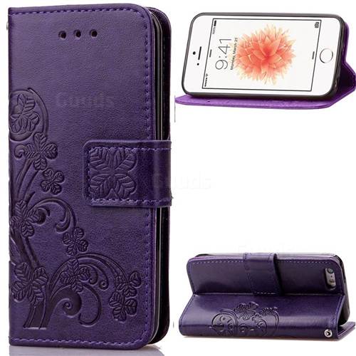 Embossing Imprint Four-Leaf Clover Leather Wallet Case for iPhone SE 5s 5 - Purple