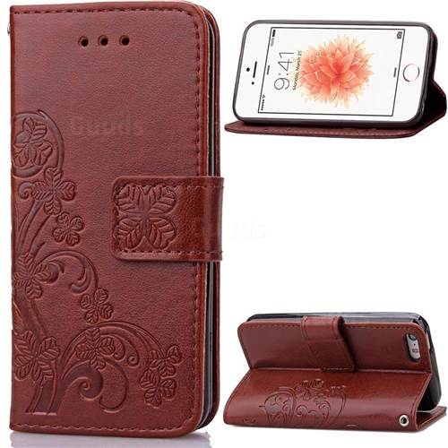 Embossing Imprint Four-Leaf Clover Leather Wallet Case for iPhone SE 5s 5 - Brown