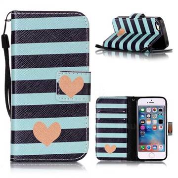 Blue Stripe Heart Leather Wallet Phone Case for iPhone SE 5s 5 5G