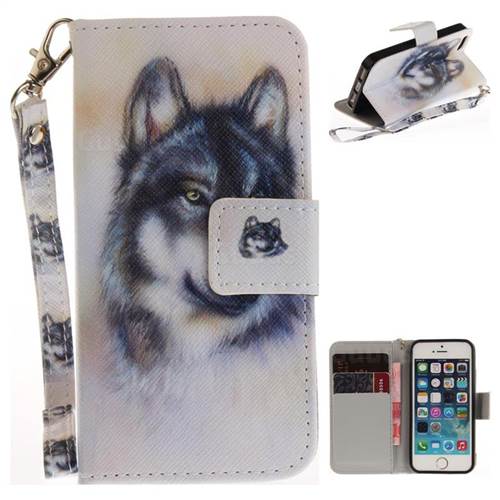 Snow Wolf Hand Strap Leather Wallet Case for iPhone SE 5s 5