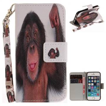 Cute Monkey Hand Strap Leather Wallet Case for iPhone SE 5s 5