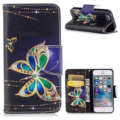 Golden Shining Butterfly Leather Wallet Case for iPhone SE 5s 5