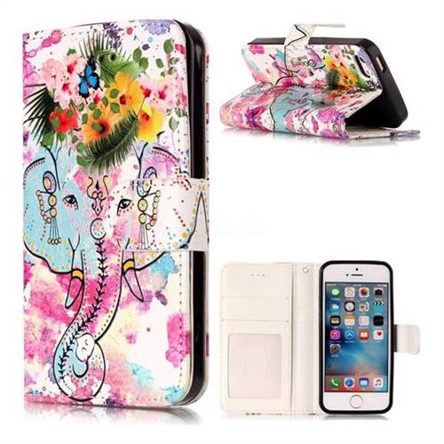 Flower Elephant 3D Relief Oil PU Leather Wallet Case for iPhone SE 5s 5