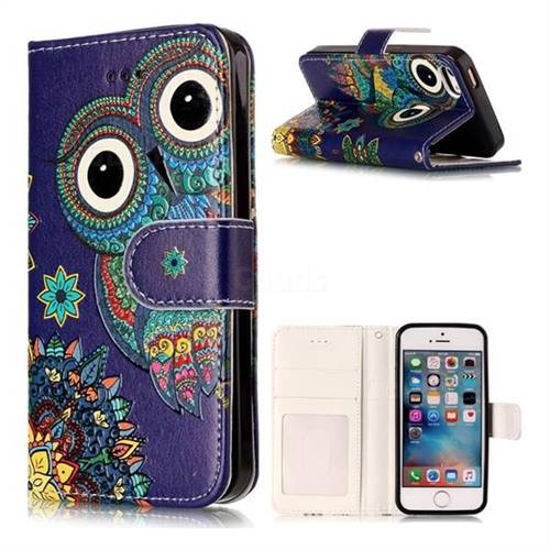 Folk Owl 3D Relief Oil PU Leather Wallet Case for iPhone SE 5s 5