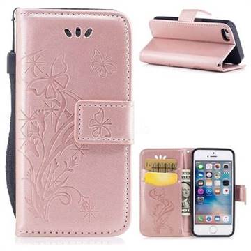 Intricate Embossing Butterfly Morning Glory Leather Wallet Case for iPhone SE 5s 5 - Rose Gold