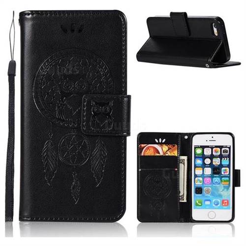 Intricate Embossing Owl Campanula Leather Wallet Case for iPhone SE 5s 5 - Black