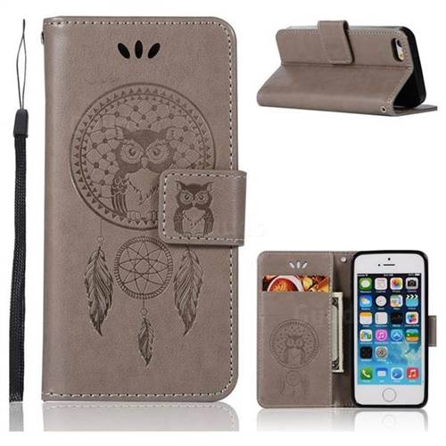 Intricate Embossing Owl Campanula Leather Wallet Case for iPhone SE 5s 5 - Grey