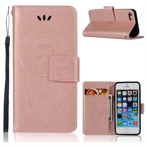 Intricate Embossing Owl Campanula Leather Wallet Case for iPhone SE 5s 5 - Rose Gold