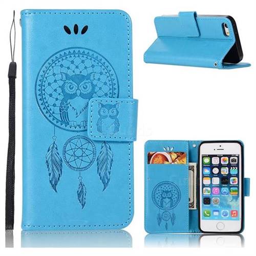 Intricate Embossing Owl Campanula Leather Wallet Case for iPhone SE 5s 5 - Blue